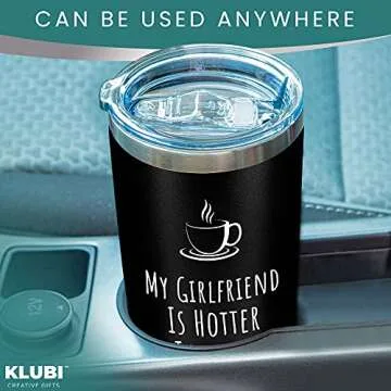 KLUBI Gifts For Him Boyfriend - My Girlfriend Is Hotter Than My Coffee Mug 20oz Cute Birthday Gifts for Boyfriend Coffee Mug for Men Black Tumbler with Straw