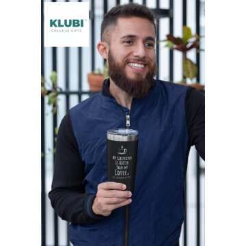 KLUBI Gifts For Him Boyfriend - My Girlfriend Is Hotter Than My Coffee Mug 20oz Cute Birthday Gifts for Boyfriend Coffee Mug for Men Black Tumbler with Straw