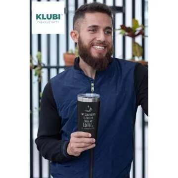 KLUBI Gifts For Him Boyfriend - My Girlfriend Is Hotter Than My Coffee Mug 20oz Cute Birthday Gifts for Boyfriend Coffee Mug for Men Black Tumbler with Straw