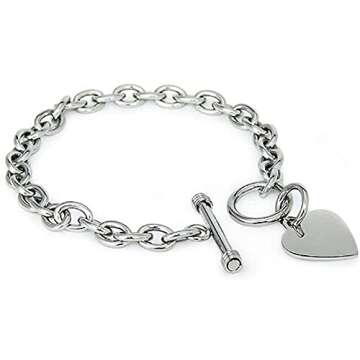 Stainless Steel Trendy Cable Chain Bracelet with Heart Charm and Toggle Clasp Closure, High Polished...