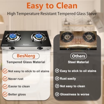 BesNerg 2 burner propane stove two burner, Portable Tempered Glass Auto Ignition Gas Cooktop, Suitable for Outdoor/Camping/RVs