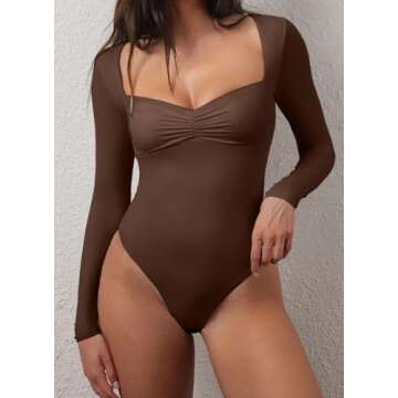 CHYRII Women’s Elegant Square V Neck Bodysuit with Long Sleeves