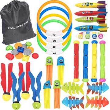 36 PCs Diving Pool Toys Deluxe Set; Diving Sticks, Diving Rings, Toypedo Bandits, Pirate Coins & Treasures, Stringy Octopus, Fish Toys for Kids Swimming Training Game, Easter Basket Stuffer.