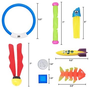 36 PCs Diving Pool Toys Deluxe Set; Diving Sticks, Diving Rings, Toypedo Bandits, Pirate Coins & Treasures, Stringy Octopus, Fish Toys for Kids Swimming Training Game, Easter Basket Stuffer.