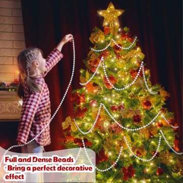 Christmas Tree Beads - 50ft Christmas Tree Garland Beads, Artificial Pearls Beads, Pearl White Plastic Beaded Garland for Xmas Tree Indoor Outdoor Home Party Decorations Gifts