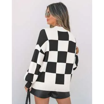 ZESICA Women's Fall Fashion Turtleneck Long Sleeve Striped Ribbed Knit Loose Pullover Sweater Tops,BlackPlaid,Large