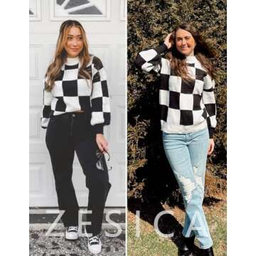 ZESICA Women's Fall Fashion Turtleneck Long Sleeve Striped Ribbed Knit Loose Pullover Sweater Tops,BlackPlaid,Large