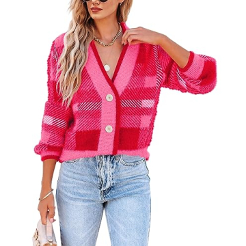 Imily Bela Women's Plaid Fuzzy Knit Cardigan Sweater