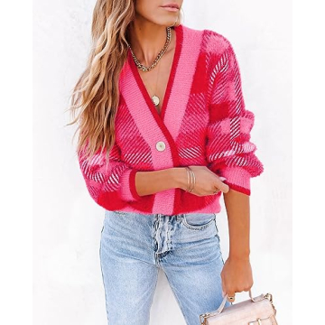 Imily Bela Women's Plaid Fuzzy Knit Cardigan Sweater
