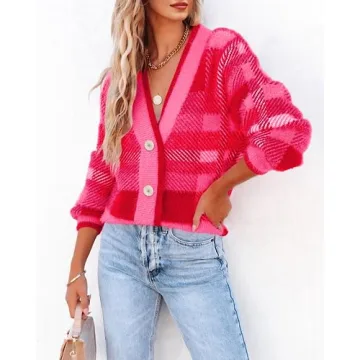 Imily Bela Women's Plaid Fuzzy Knit Cardigan Sweater