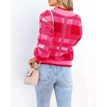 Imily Bela Women's Plaid Fuzzy Knit Cardigan Sweater