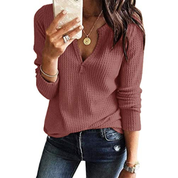Women's V Neck Waffle Knit Henley Tops Casual Long Sleeve Pullover Sweater Blouses (Rose Red, X-Larg...