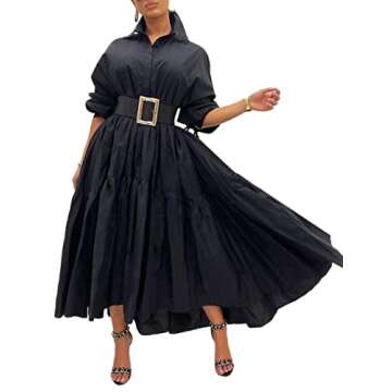 Mozgalz Women Solid Ruffle Maxi Shirt Dress Button Down Long Sleeve Dress Long Sleeve Maxi Dresses Black