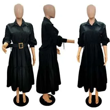 Mozgalz Women Solid Ruffle Maxi Shirt Dress Button Down Long Sleeve Dress Long Sleeve Maxi Dresses Black