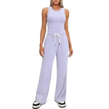 Women's 2 Piece Trendy Outfits Relaxed Fit Tank Shirts and Long Pants Matching Sets Cozy Tracksuit Sets 9054A Taro Purple M