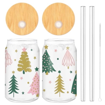 AnyDesign 2 Pack Christmas Drinking Glasses 16oz Boho Xmas Tree Glass Cup Pink Green Tree Iced Coffe...