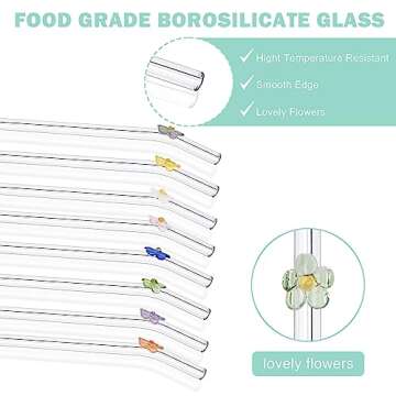 8 Pcs Cute Glass Straws with Charms, Reusable Straws 7.9 '' Bent Smoothie Straws, Shatter Resistant Colorful Flower Milkshake Straws with 2 Cleaning Brushes