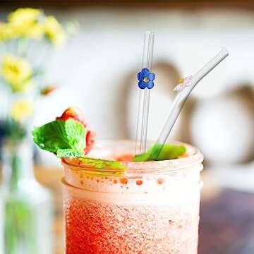 8 Pcs Cute Glass Straws with Charms, Reusable Straws 7.9 '' Bent Smoothie Straws, Shatter Resistant Colorful Flower Milkshake Straws with 2 Cleaning Brushes