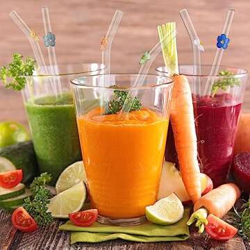 8 Pcs Cute Glass Straws with Charms, Reusable Straws 7.9 '' Bent Smoothie Straws, Shatter Resistant Colorful Flower Milkshake Straws with 2 Cleaning Brushes