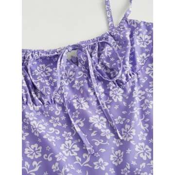 Milumia Women's Floral Mini Cami Dress Ruched Tie Front Spaghetti Strap Short Strappy Dresses Purple X-Small