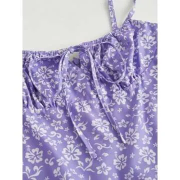 Milumia Women's Floral Mini Cami Dress Ruched Tie Front Spaghetti Strap Short Strappy Dresses Purple X-Small