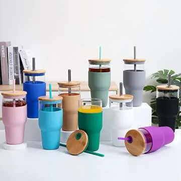 kytffu 32oz Glass Tumbler with Straw and Lid, Reusable Boba Smoothie Cup Iced Coffee Tumbler with Silicone Sleeve, Fits Cup Holder Glass Water Bottle BPA Free, White