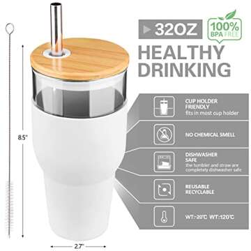 kytffu 32oz Glass Tumbler with Straw and Lid, Reusable Boba Smoothie Cup Iced Coffee Tumbler with Silicone Sleeve, Fits Cup Holder Glass Water Bottle BPA Free, White