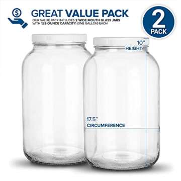 Stock Your Home 128 Oz Glass Jar with Plastic Airtight Lid (2 Pack) - 1 Gallon Glass Jar for picklin...