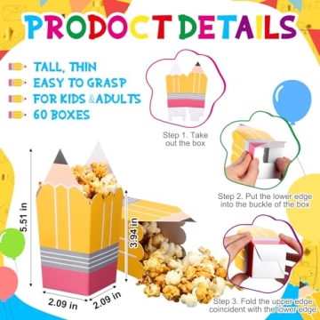 Tiangrid Mini Pencil Popcorn Boxes - 60 Pack for Parties