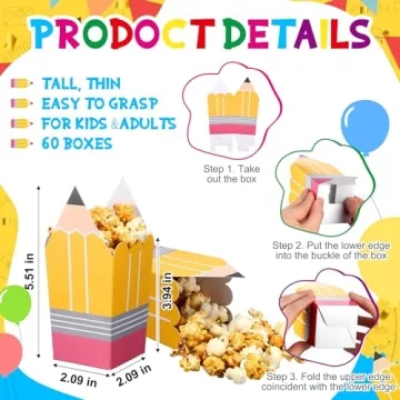 Tiangrid Mini Pencil Popcorn Boxes - 60 Pack for Parties