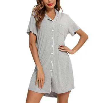 Women's Nightgown Short Sleeve Sleep Nightshirt Breastfeeding Loungewear Button Down Pajama Dress Light Grey Medium