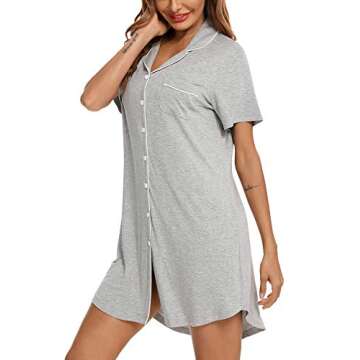 Women's Nightgown Short Sleeve Sleep Nightshirt Breastfeeding Loungewear Button Down Pajama Dress Light Grey Medium