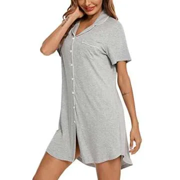 Women's Nightgown Short Sleeve Sleep Nightshirt Breastfeeding Loungewear Button Down Pajama Dress Light Grey Medium