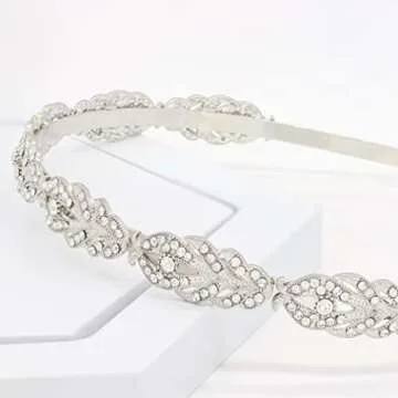 Oriamour Flower Design Rhinestone Crystal Wedding Headband Bridal Headpieces Simple Design Bridal Headband (Silver)