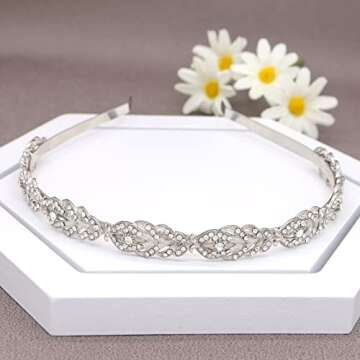 Oriamour Flower Design Rhinestone Crystal Wedding Headband Bridal Headpieces Simple Design Bridal Headband (Silver)