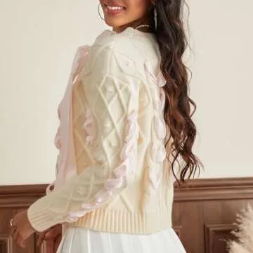 Women Cute Bow Sweater Long Sleeve Bow Front Knitted Pullover Ribbon Lace Up Cable Jumper Knitwear Going Out Top