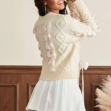 Women Cute Bow Sweater Long Sleeve Bow Front Knitted Pullover Ribbon Lace Up Cable Jumper Knitwear Going Out Top
