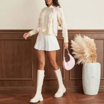 Women Cute Bow Sweater Long Sleeve Bow Front Knitted Pullover Ribbon Lace Up Cable Jumper Knitwear Going Out Top