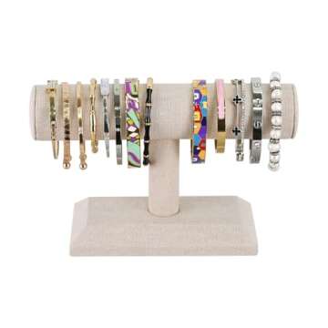 MOOCA Linen Covered Wood Jewelry Display, Jewelry Stand, Bracelet Holder Display, Watch Stand, Bracelet Stand, Tan Linen
