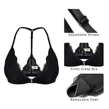 SHEKINI Women's Lace Bra Wireless Padded Triangle Bralettes for Women Front Closure Halter Bras for Women Black