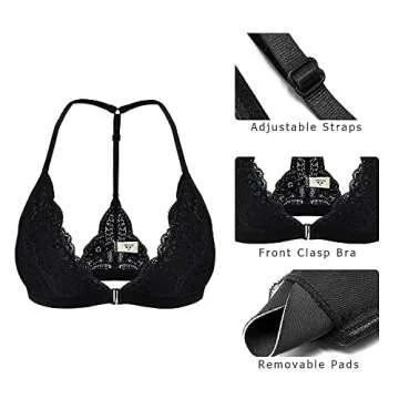 SHEKINI Women's Lace Bra Wireless Padded Triangle Bralettes for Women Front Closure Halter Bras for Women Black