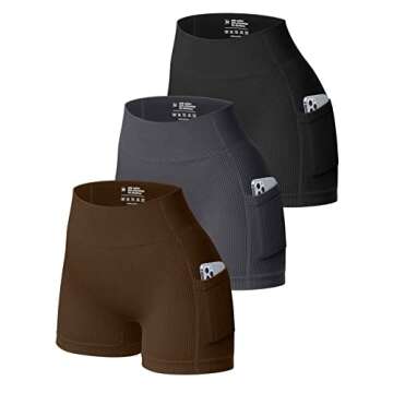 OQQ Women's 3 Piece Athletic Shorts Ribbed Seamless Workout High Waist Shorts with Pockets Black Grey Coffee