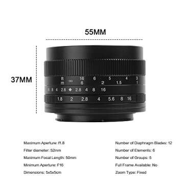 7artisans 50mm F1.8 APS-C Manual Fixed Lens for Fuji Cameras X-A1 X-A10 X-A2,X-A3 X-at X-M1 XM2 X-T1 X-T10 X-T2 X-T20 X-Pro1 X-Pro2 X-E1 X-E2 X-E2s-Black