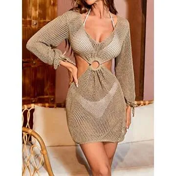MakeMeChic Women's Plus Size Crochet Cover Up Long Sleeve Knitted Swim Beach Cover Up Dress Swimwear Plus Apricot 0XL