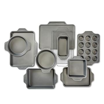 All-Clad Pro-Release Nonstick Bakeware Set 10 Piece Oven Safe 450F Half Sheet, Cookie Sheet, Muffin Pan, Cooling & Baking Rack, Round Cake Pan, Loaf Pan, Baking Pan Grey