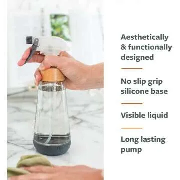 Full Circle Bottle Service - Refillable Glass Spray Bottle for Cleaning - Versatile Stream & Mist Options, Bamboo Details, Silicone Boot - Ideal for Non-Toxic Solutions & Plant Care, 16oz, Gray