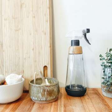 Full Circle Bottle Service - Refillable Glass Spray Bottle for Cleaning - Versatile Stream & Mist Options, Bamboo Details, Silicone Boot - Ideal for Non-Toxic Solutions & Plant Care, 16oz, Gray