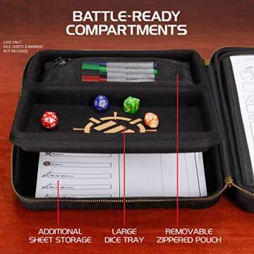 ENHANCE RPG Organizer Case - DND Binder with Built-in Character Sheet Holder and Erasable Scribe Panel, Dice Rolling Area, Removable Pen Pouch, Miniature Foam Tray, Wrist Strap, and More (Black)