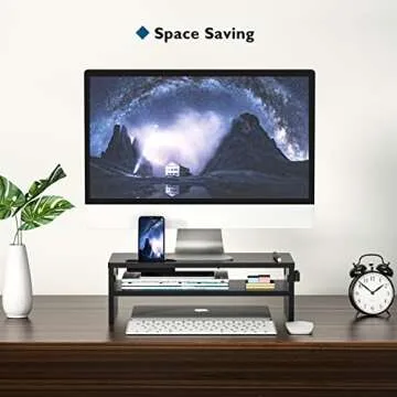 BONTEC Monitor Stand Riser, 2 Tiers Wood Monitor Riser Stand with Storage Organizer, Desktop Ergonomic Monitor Stand Riser with Cellphone Holder and Cable Management, 16.5 Inch Desk Shelf, Black