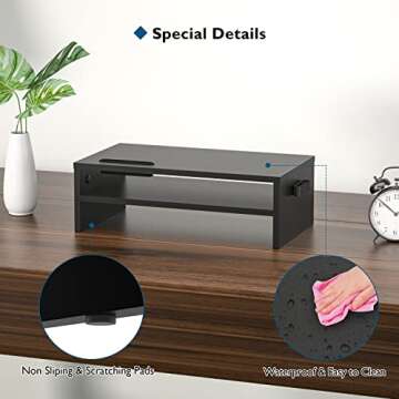 BONTEC Monitor Stand Riser, 2 Tiers Wood Monitor Riser Stand with Storage Organizer, Desktop Ergonomic Monitor Stand Riser with Cellphone Holder and Cable Management, 16.5 Inch Desk Shelf, Black